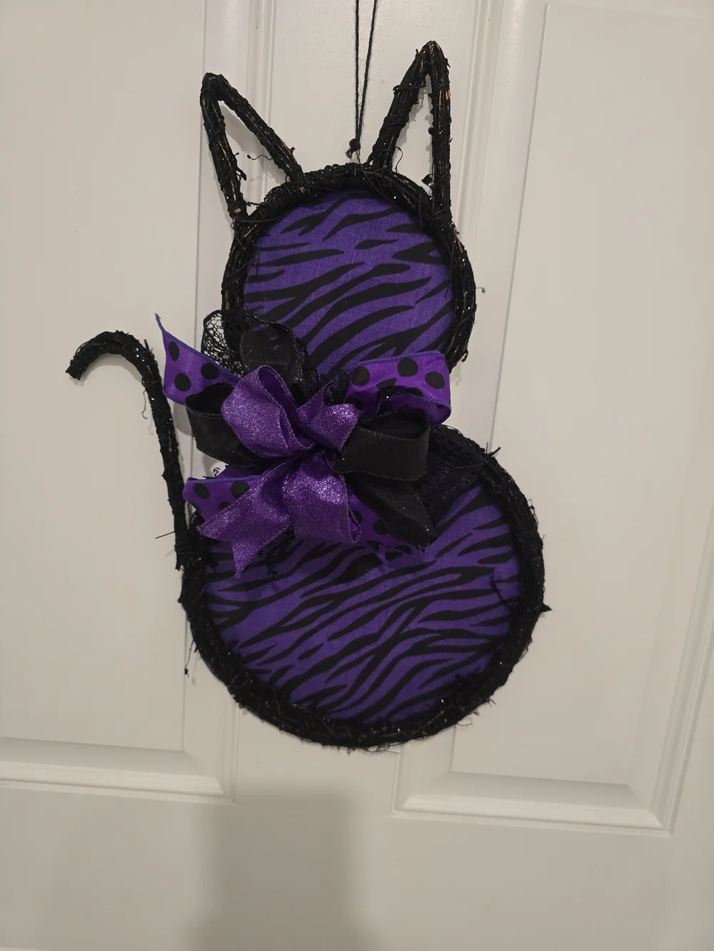 Purple Zebra Cat Door Hanger with Bow Halloween